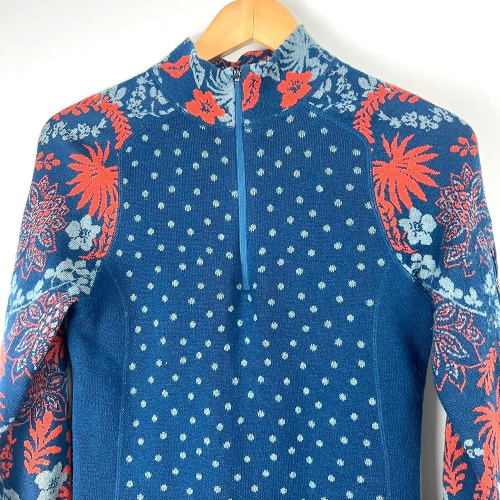 Title Nine Merino Wool Blend Floral Dot Print Quarter Zip Pullover XS Base Layer - Picture 2 of 9